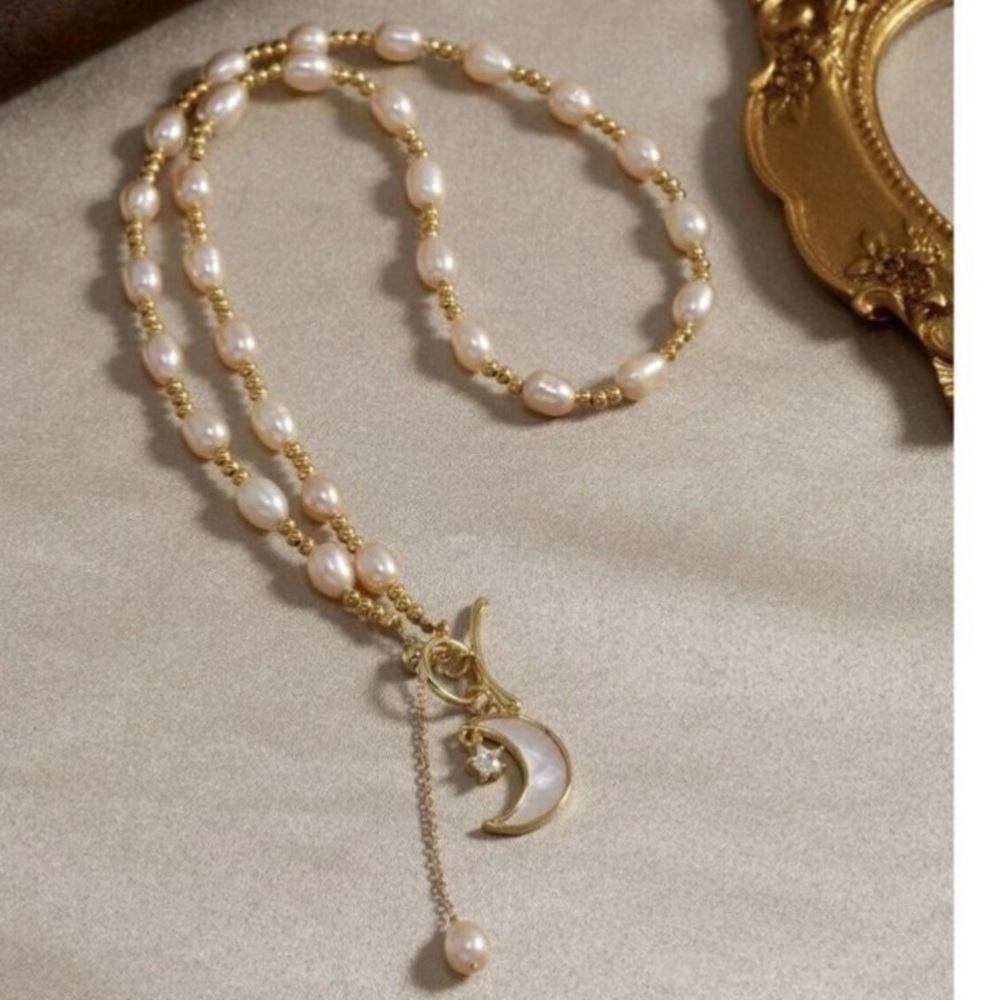 Cultured Pearl Moon Star Charm Necklace OT Buckle White Chain Real Natural